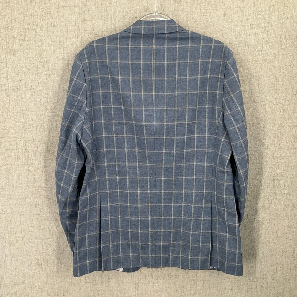 Alan Flusser Sport Coat Mens 40R Blue Linen Blend Windowpane Plaid Floral Blazer
